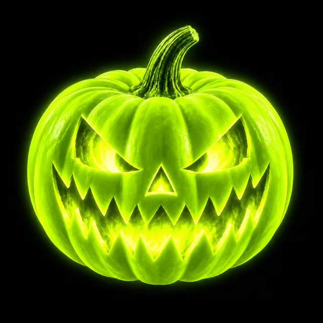 Grin, a carved jack-o'-lantern glowing neon yellow-green with triangle eyes and fang teeth