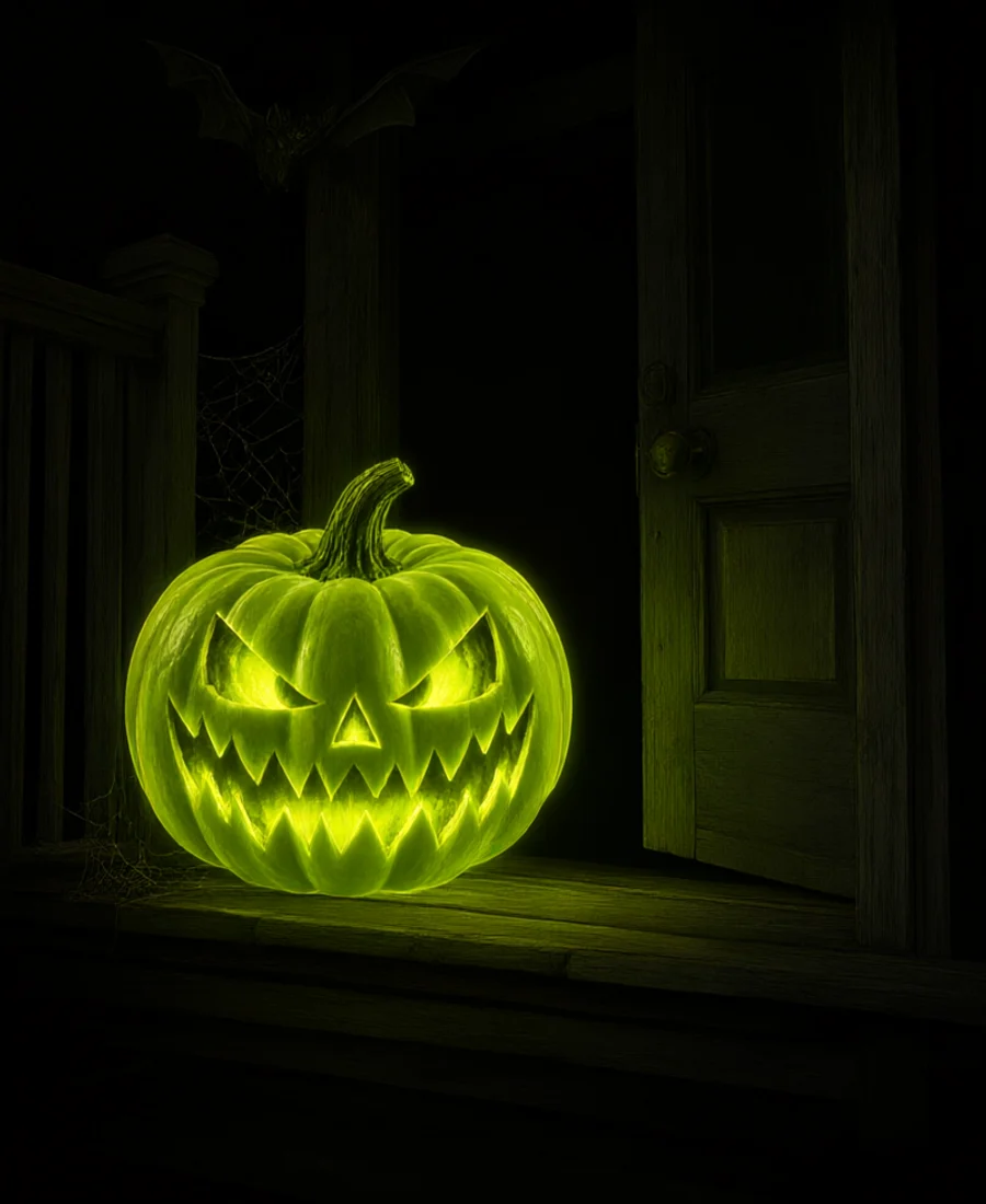 Grin glowing on a dark porch beside an open door